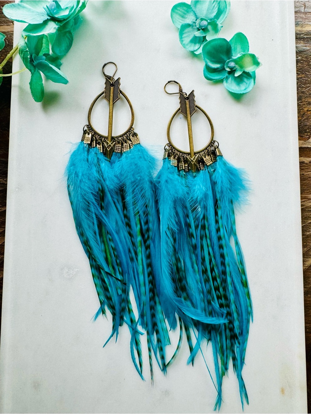 Turquoise Feather Hoop Earrings - Boho Arrow Design